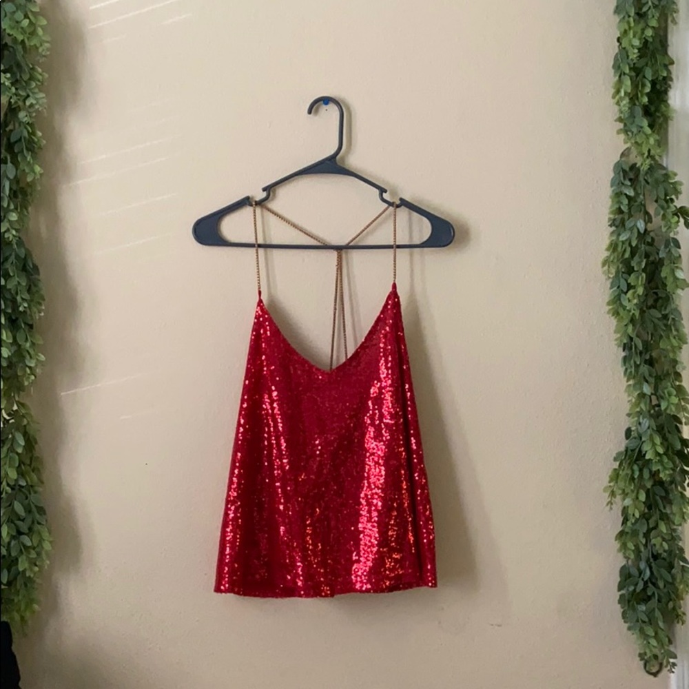 Red Sequence Night Out Tank, Gold Chain Straps,